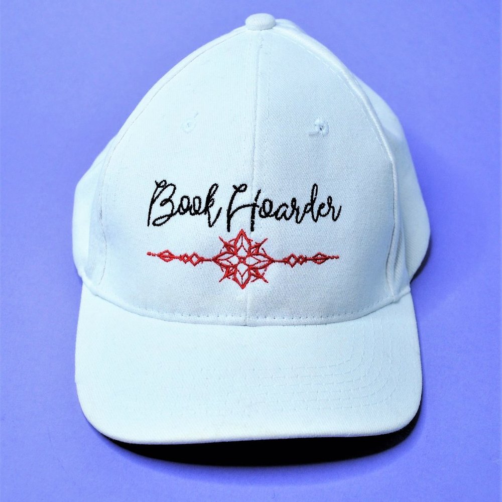 Custom Made "Book Hoarder" White Baseball Cap - Adjustable Velcro - Picture 2 of 9